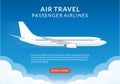 Flight banner with plane. Airplane in the Sky. Air Travel by passenger airlines concept, poster for web design or business Royalty Free Stock Photo
